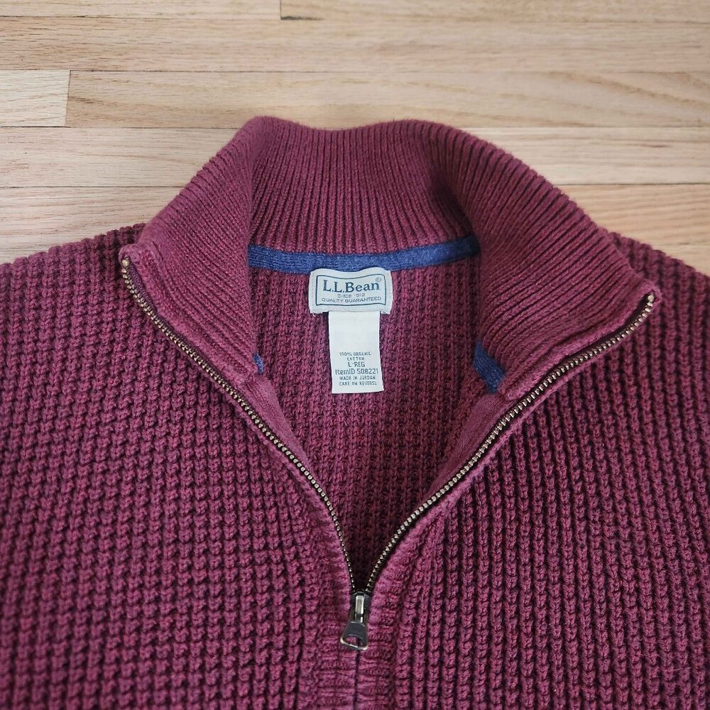 L.L. Bean Men’s Red Full Zip Waffle Knit Sweater — L • Heavyweight • Organic Cot